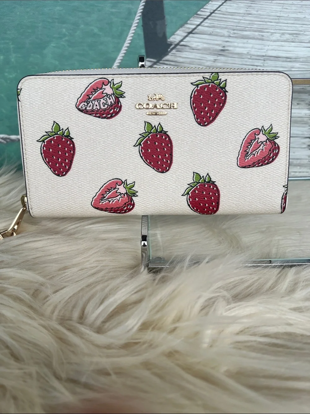 COACH White Strawberry Print Wristlet
